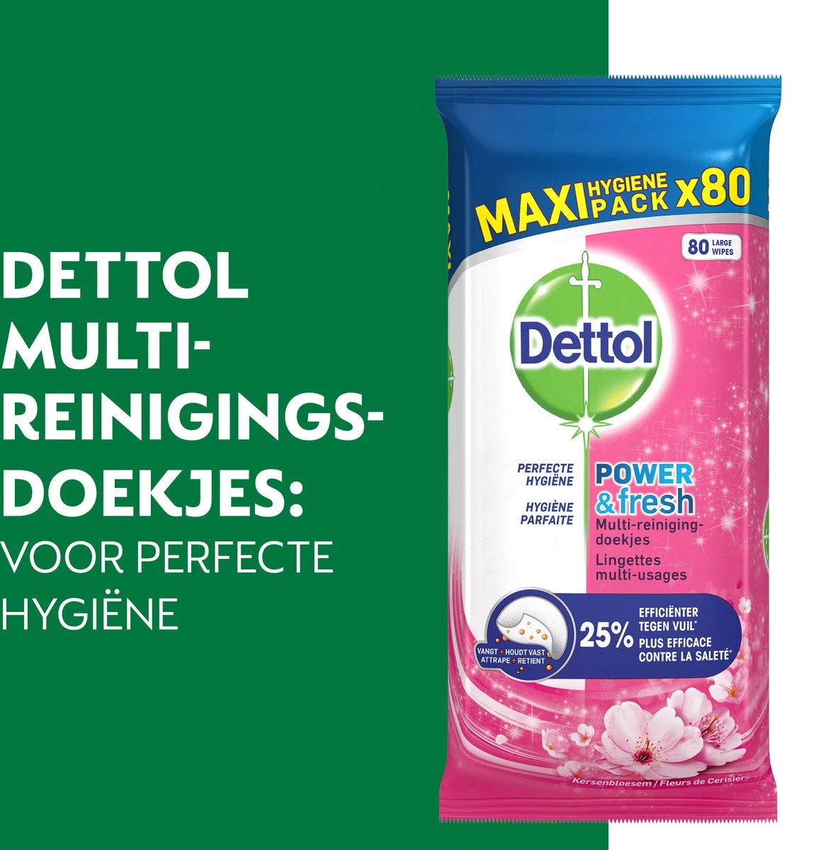 Dettol - Schoonmaakdoekjes - Power & Fresh - Kersenbloesem - 4 X 80 Stuks - Voordeelverpakking 4 Dettol - Schoonmaakdoekjes - Power & Fresh - Kersenbloesem - 4 X 80 Stuks - Voordeelverpakking - Afbeelding 2