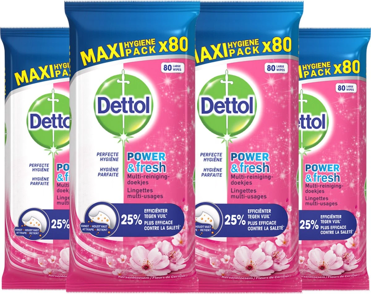 Dettol - Schoonmaakdoekjes - Power & Fresh - Kersenbloesem - 4 X 80 Stuks - Voordeelverpakking 3 Dettol - Schoonmaakdoekjes - Power & Fresh - Kersenbloesem - 4 X 80 Stuks - Voordeelverpakking