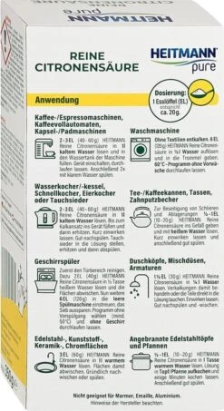 HEITMANN Pure Ontkalker- Citroenzuur Ontkalker, Natuurvriendelijke Kalkreiniger Voor Een Hygiënische Reiniging - Poeder, 1x 350 G -Reinigingsproducten Winkel 654x1200