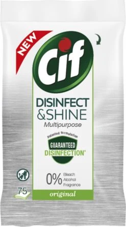 Cif Disinfect & Shine Wipes Doden 99,99% Van De Bacteriën Original Desinfecterende Schoonmaakdoekjes, Van 100% Biologisch Afbreekbaar Textiel 5 X 75 Doekjes